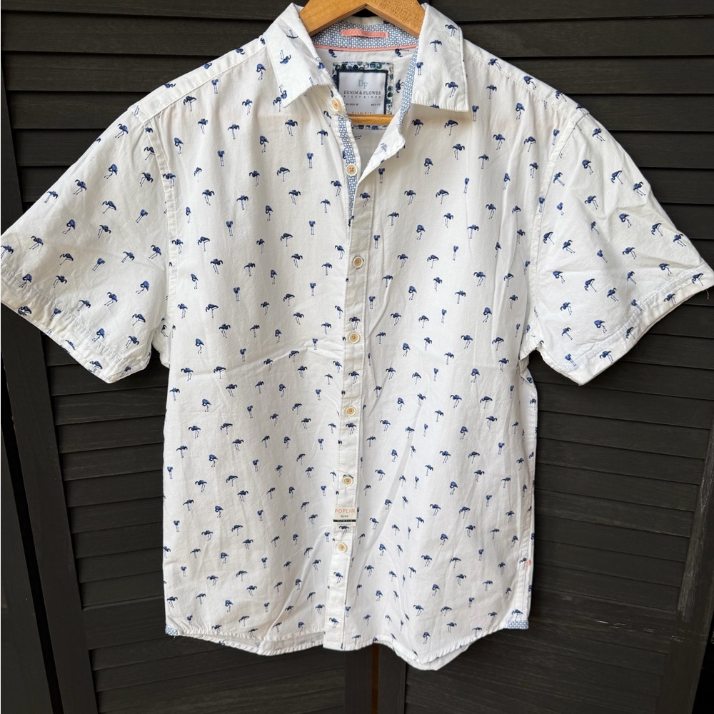 Denim & Flower White Short-Sleeve Button-Down Shirt with Blue Palm Print